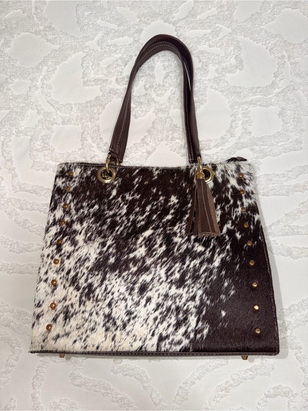 Leather Tote Handbag with Brown & White Haircalf Accent